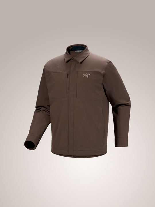 Carob brown Arc'teryx Cronin insulated men's overshirt with a brand logo on a light gray background