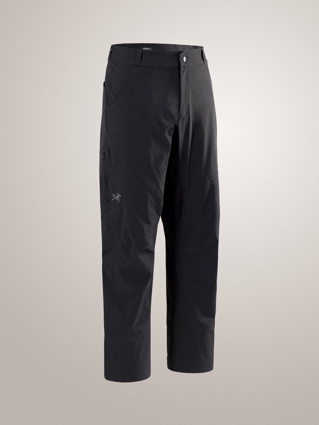 Black Arc'teryx Cronin Pants on gray background