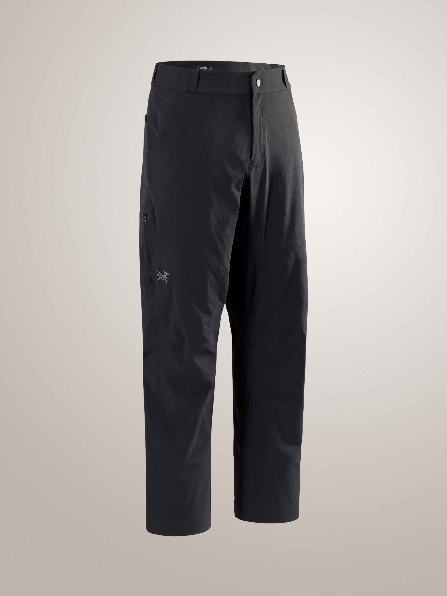 Black Arc'teryx Cronin Pants on gray background