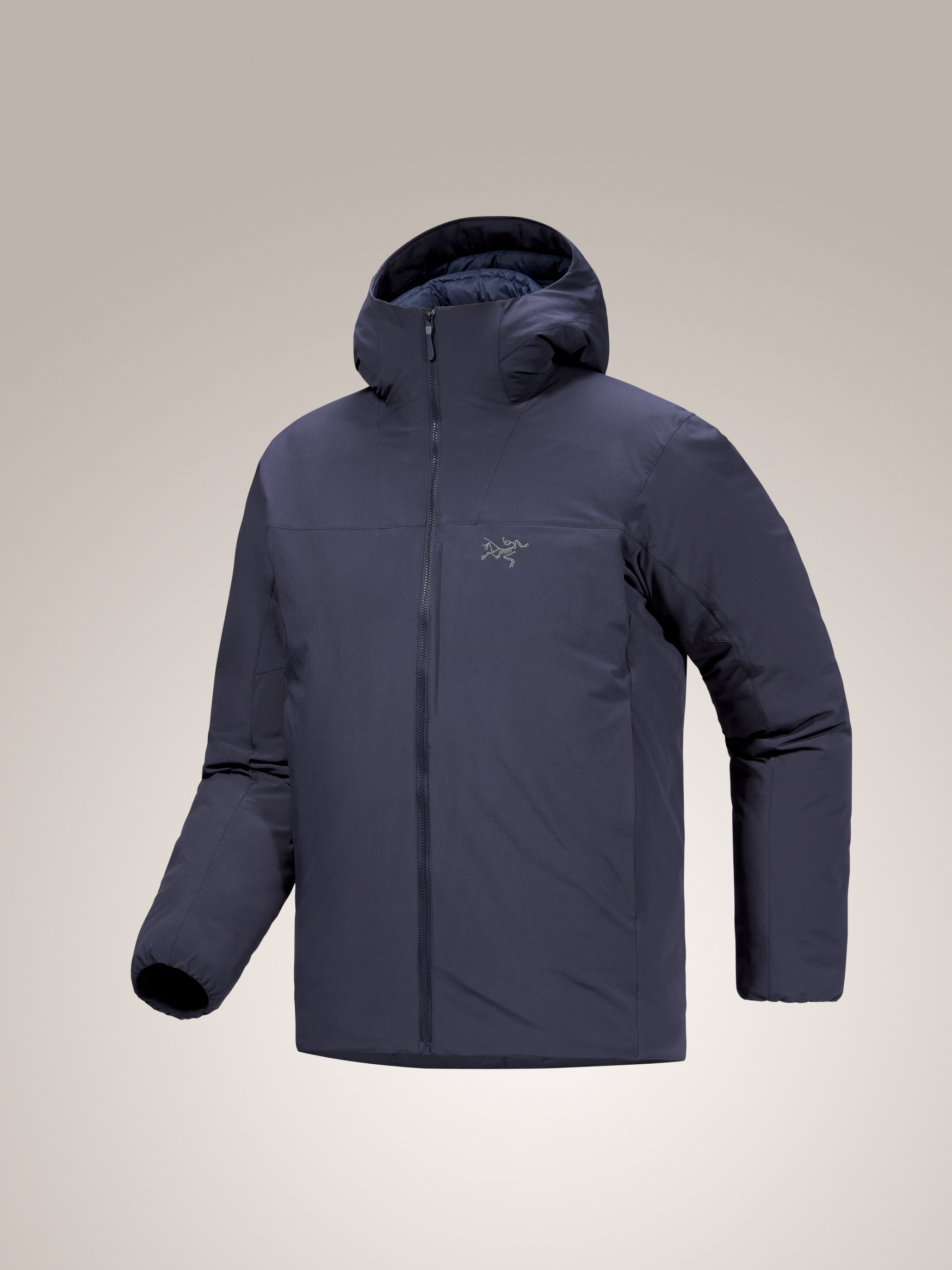 Men's Arc'teryx Epsilon Down Hoody in dark blue, featuring a full zipper, insulated hood, and softshell fabric.