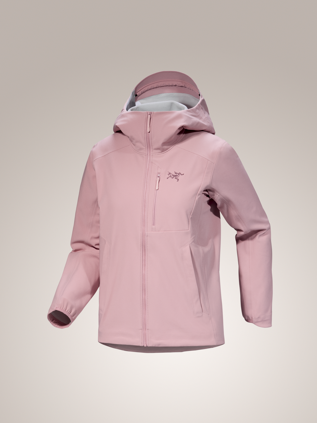 Bliss pink Arc'teryx Gamma MX women's hooded jacket with a brand logo on a light gray background