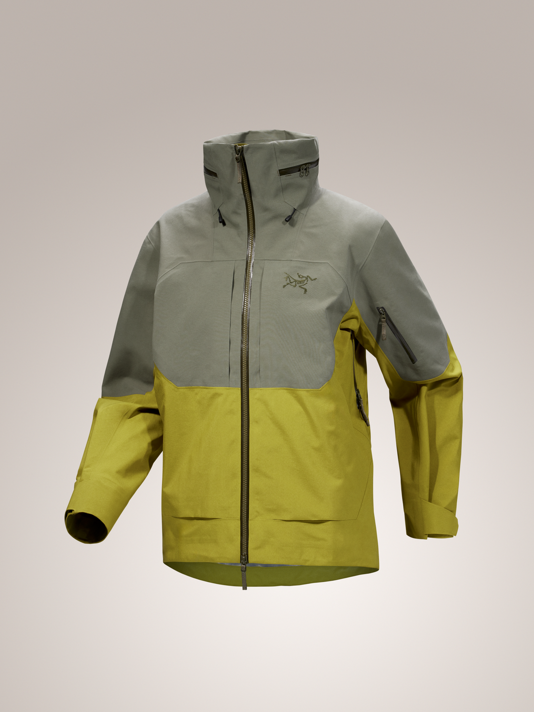 Olive Moss and Forage Arc'teryx Incendia women's jacket on gray background