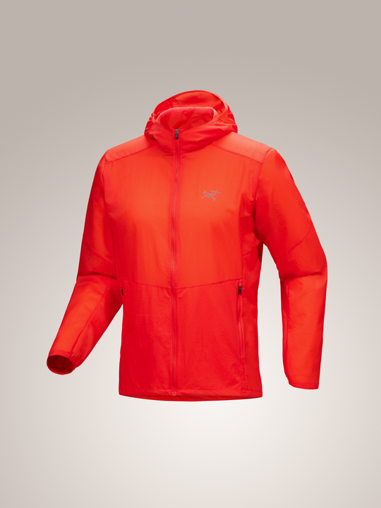 Dynasty red Arc'teryx Incendo Airshell hood on a gray background