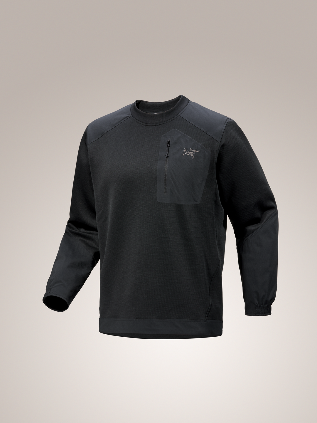 Black Arc'teryx Konseal crew neck pullover long-sleeve shirt with a logo on a light gray background