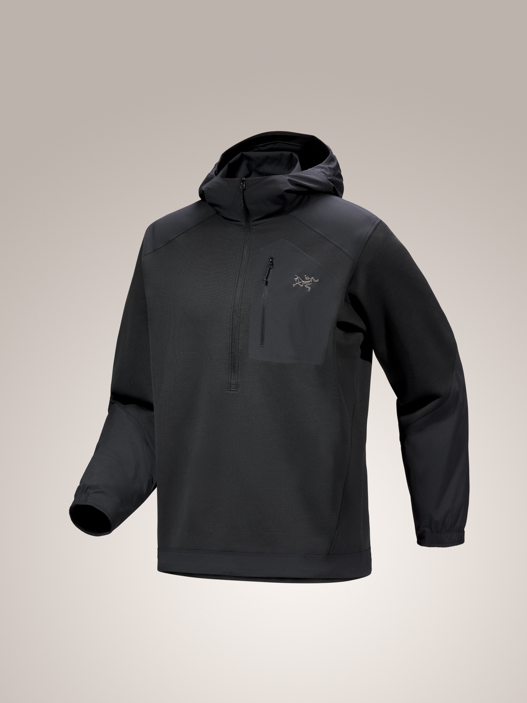 Black Arc'teryx Konseal hooded pullover jacket with a brand logo on a light gray background