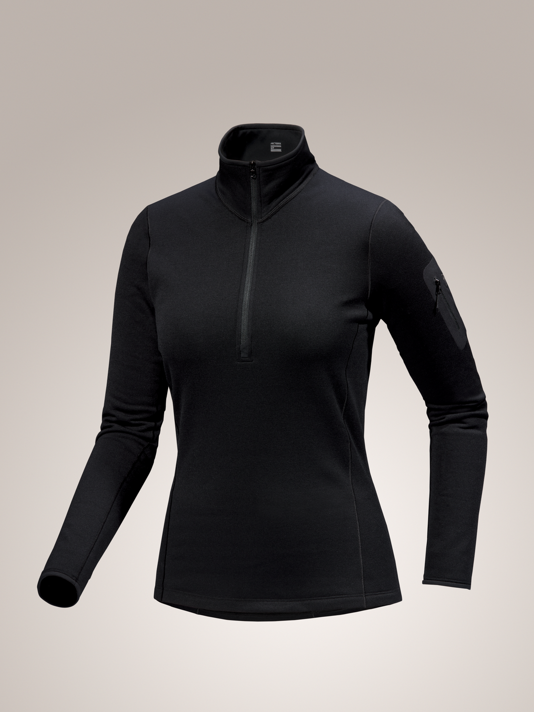 Black Arc'teryx Kyanite baselayer long-sleeve athletic top on a light gray background