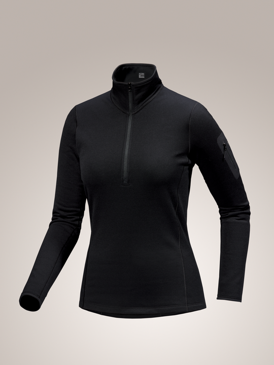 Black Arc'teryx Kyanite baselayer long-sleeve athletic top on a light gray background
