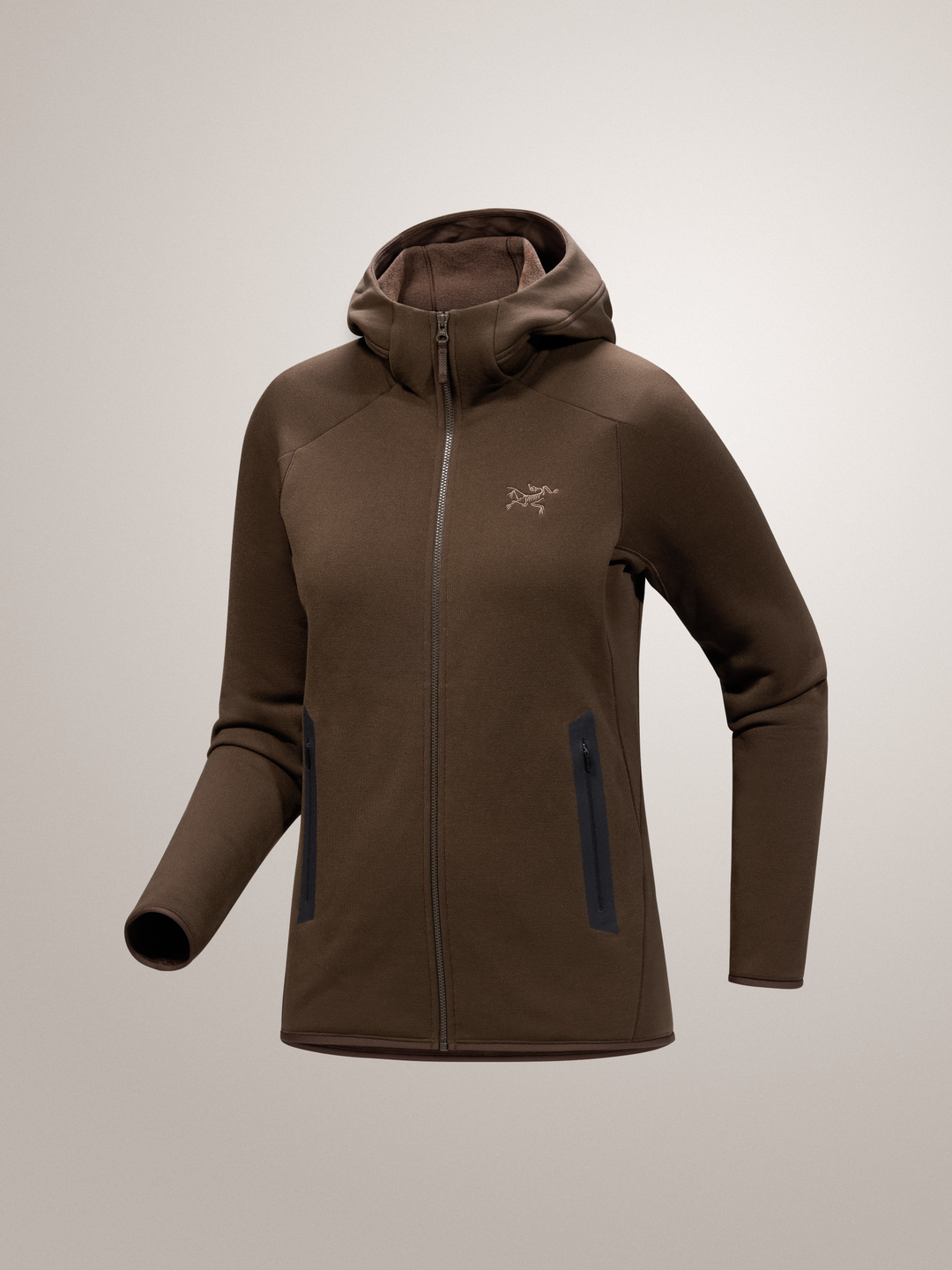 Carob brown Arc'teryx Kyanite Hoody women's longsleeve on gray background