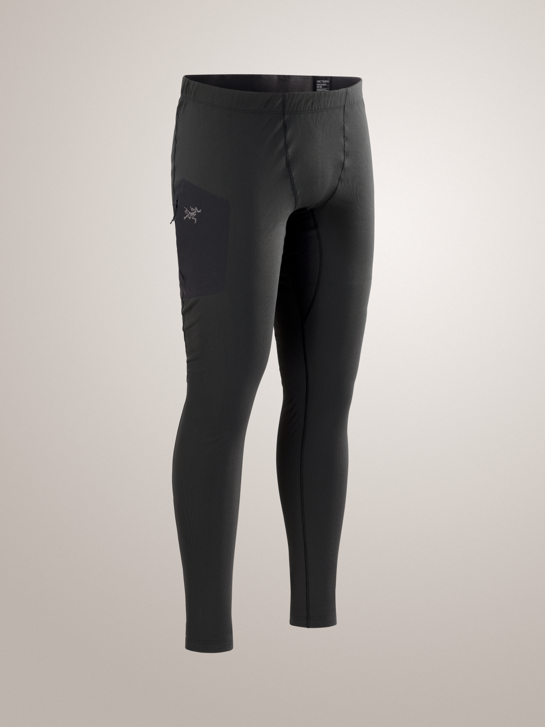 Black Arc'teryx Rho SV men's leggings with a brand logo on a light gray background