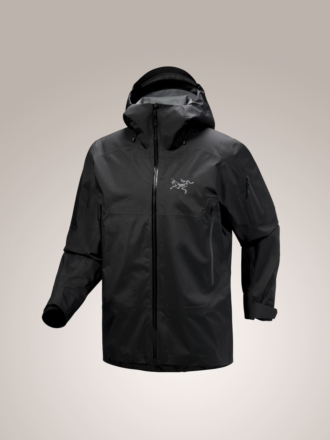 Black Arc'teryx Sabre jacket with a brand logo on a gray background