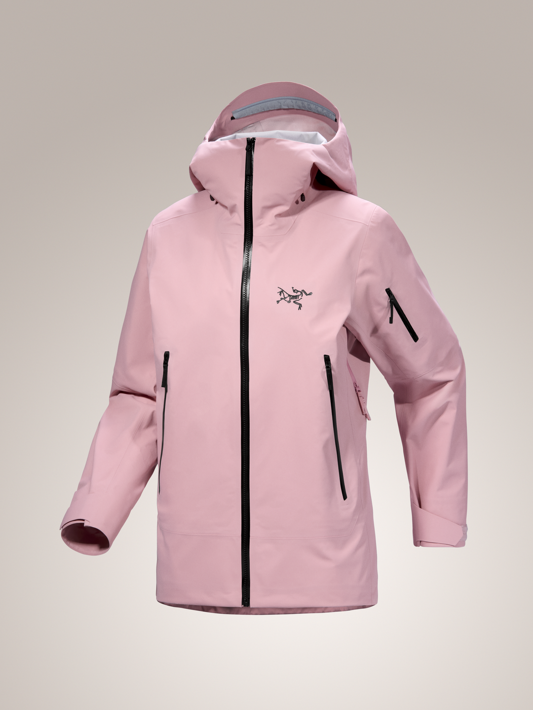 Bliss pink Arc'teryx Sentinel women's jacket with a brand logo on a light gray background