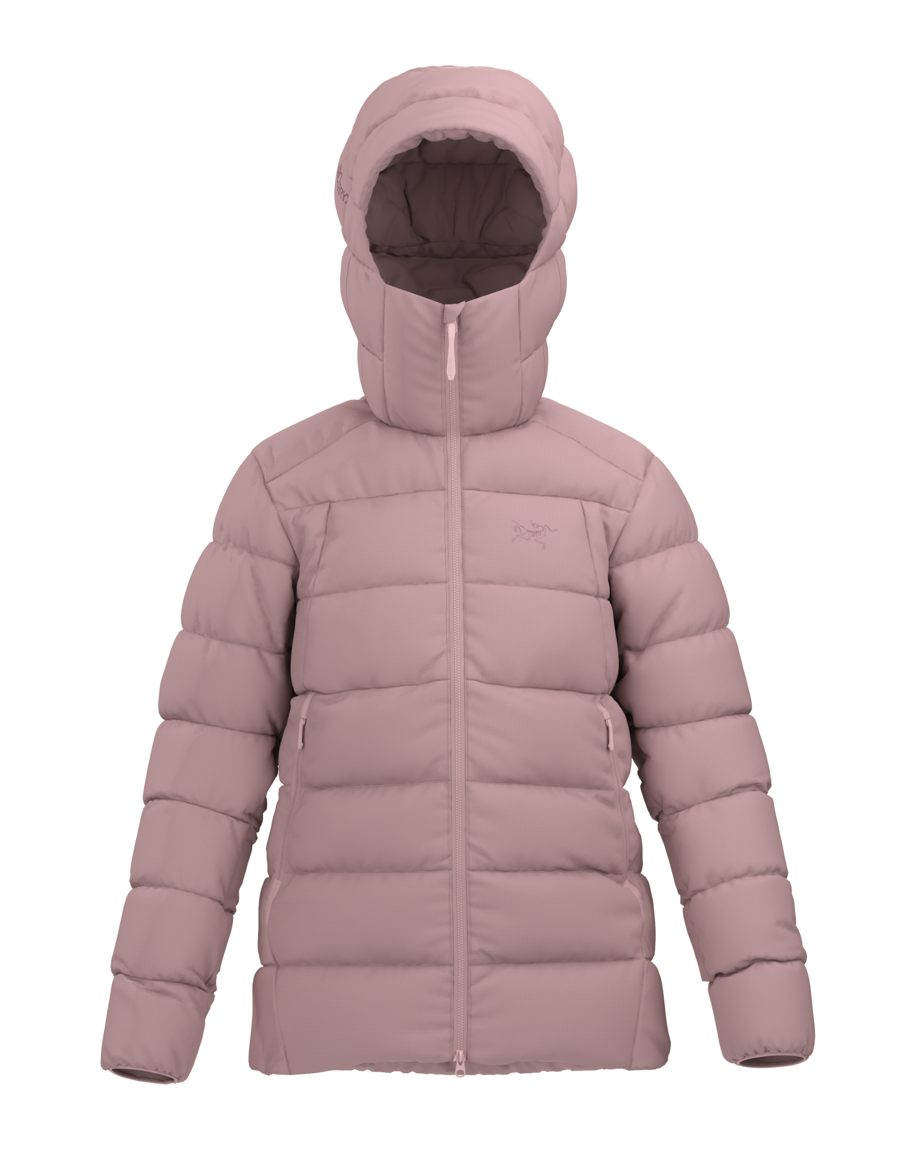 Bliss pink Arc'teryx Thorium women's puffer jacket with a hood on a white background