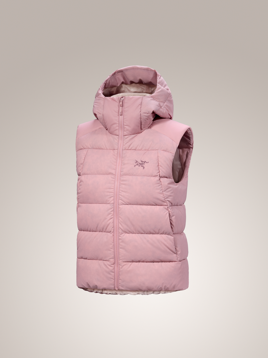 Bliss pink Arc'teryx Thorium women's puffer vest on a light gray background