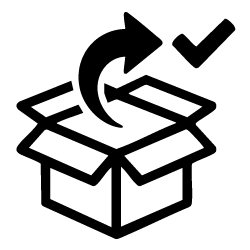Icon of an open box with a check mark and circular arrow, symbolizing easy returns