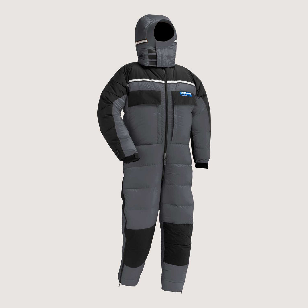 Iron Gray Feathered Friends expedition down suit on light gray background