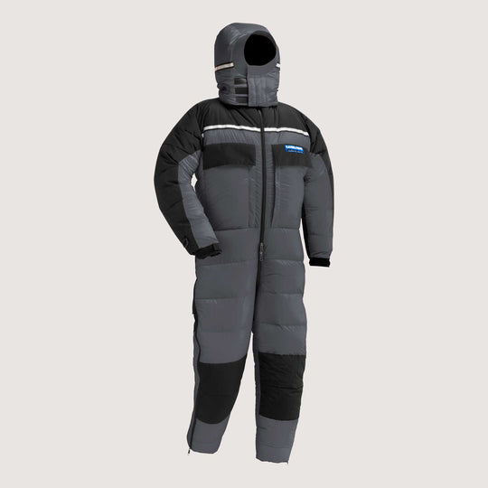 Iron Gray Feathered Friends expedition down suit on light gray background