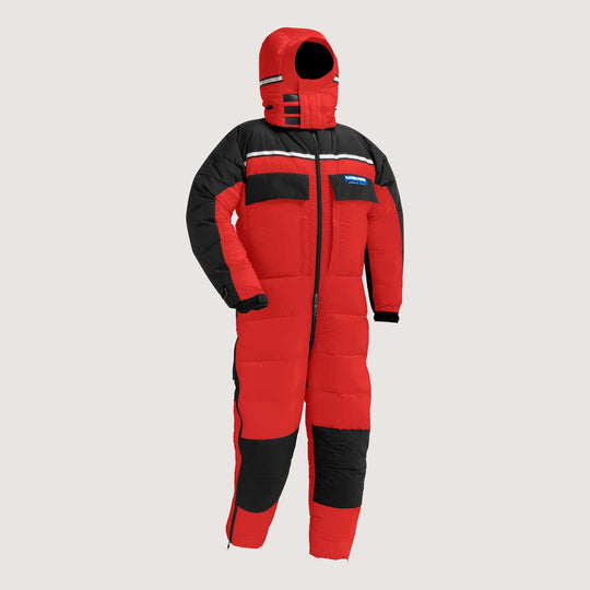 Red Pepper Feathered Friends expedition down suit on light gray background