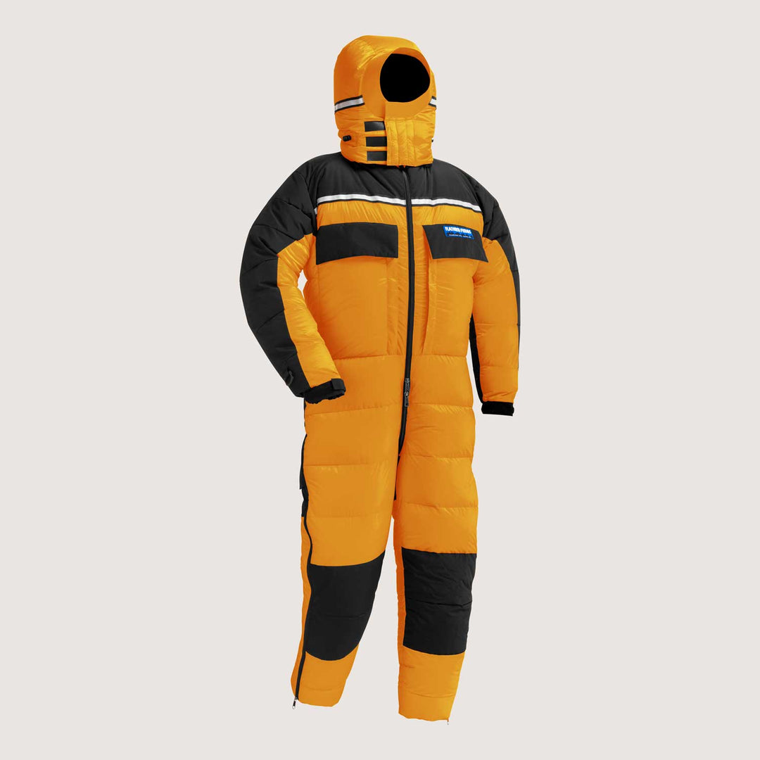 Saffron Yellow Feathered Friends expedition down suit on light gray background