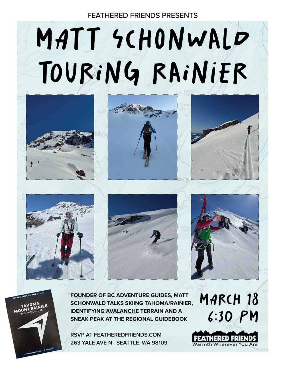 Promotional poster for Matt Schonwald's skiing event at Feathered Friends, featuring snowy mountain scenes and text.