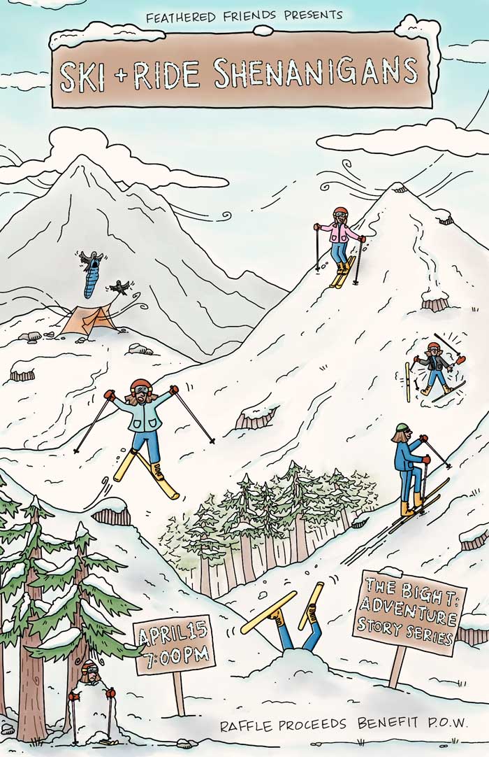 Cartoon illustration of people skiing and on a snowy mountain with signs and trees for The Bight even on April 15 2026