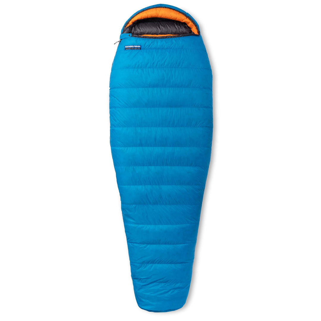 Fully zipped Feathered Friends Egret UL ultralight 20 30 degree women's down sleeping bag Cerulean blue with Flame orange hood trim on white background