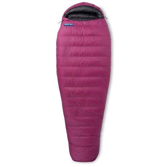 Fully zipped Feathered Friends Egret UL ultralight 20 30 degree women's down sleeping bag Magenta purple on white background