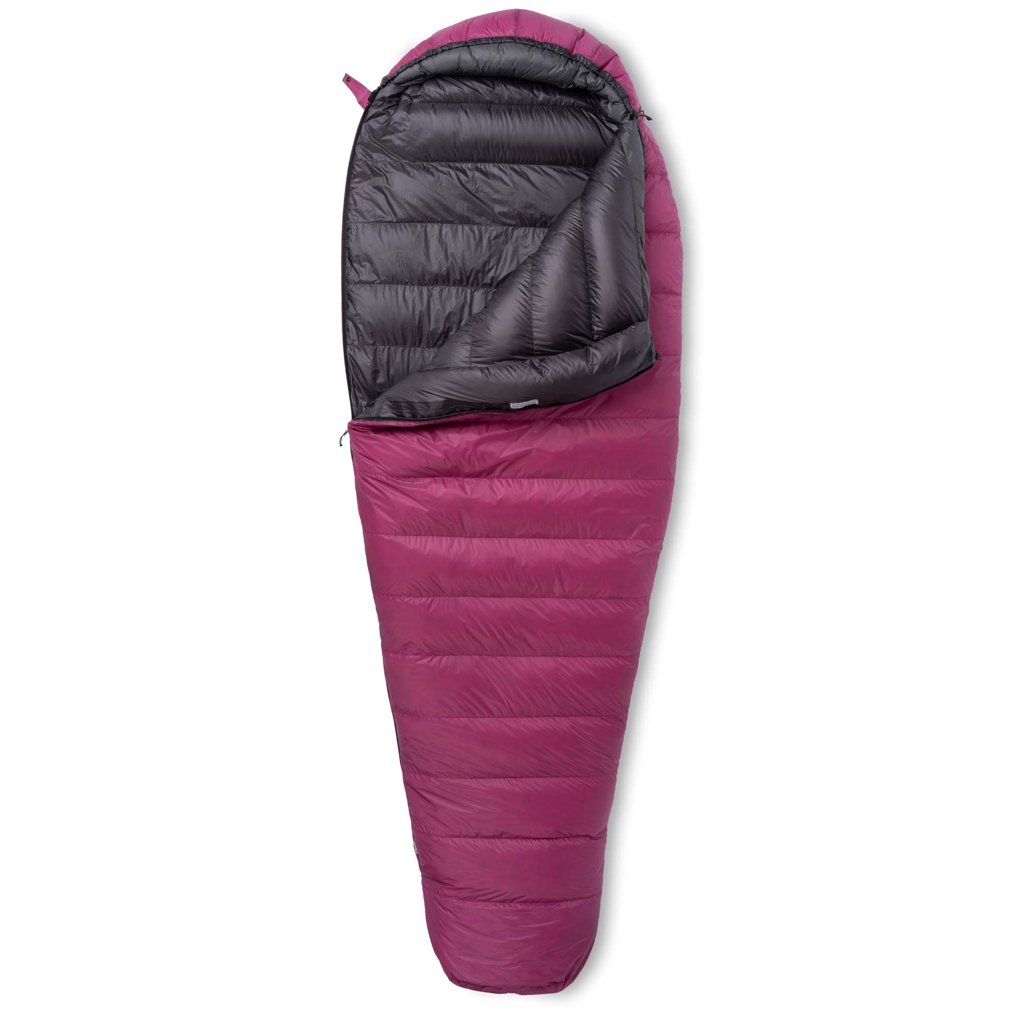 Partially unzipped Feathered Friends Egret UL ultralight 20 30 degree women's down sleeping bag Magenta purple on white background