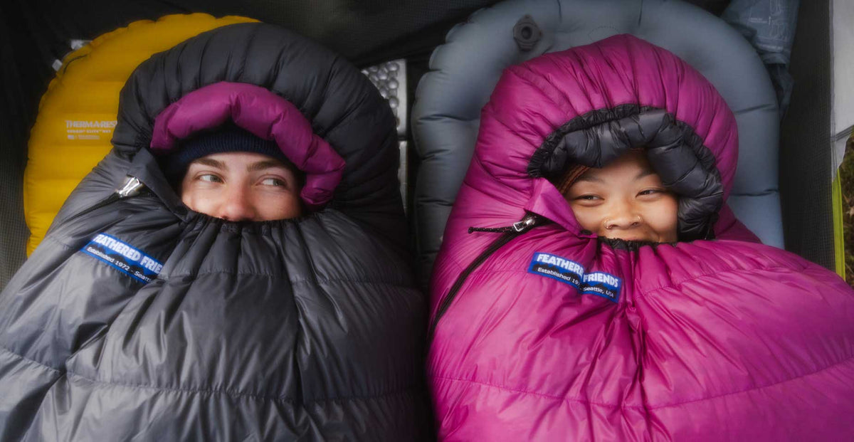 Feathered Friends sleeping bags outdoors