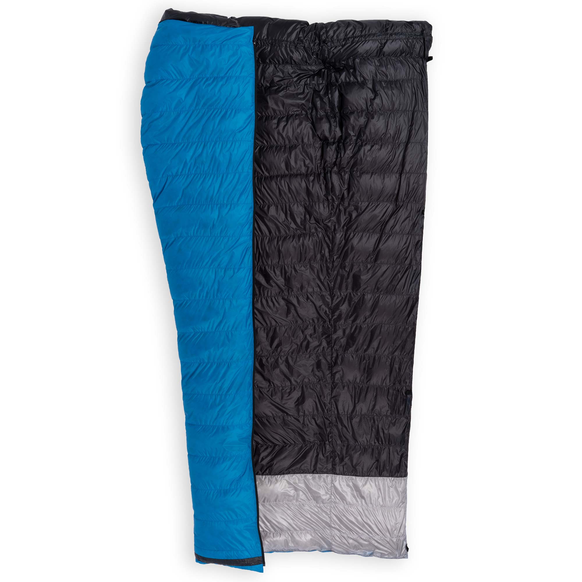 Feathered Friends Flicker UL Ultralight Down Quilt Sleeping Bag in Cerulean Blue half unzipped to display the interior on a white background