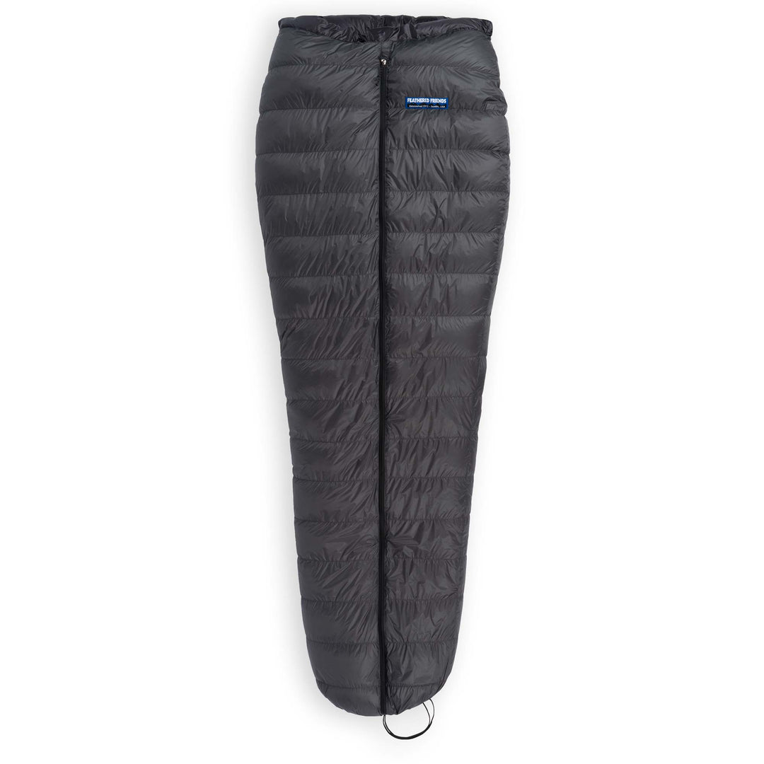 Fully zipped with cinched footbox Feathered Friends Flicker UL Ultralight Down Quilt Sleeping Bag in dark Graphite gray on a white background