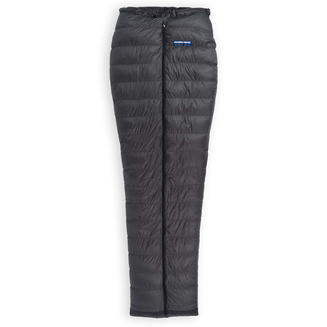 Fully zipped Feathered Friends Flicker UL Ultralight Down Quilt Sleeping Bag in dark Graphite gray on a white background