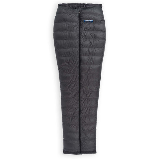 Fully zipped Feathered Friends Flicker UL Ultralight Down Quilt Sleeping Bag in dark Graphite gray on a white background