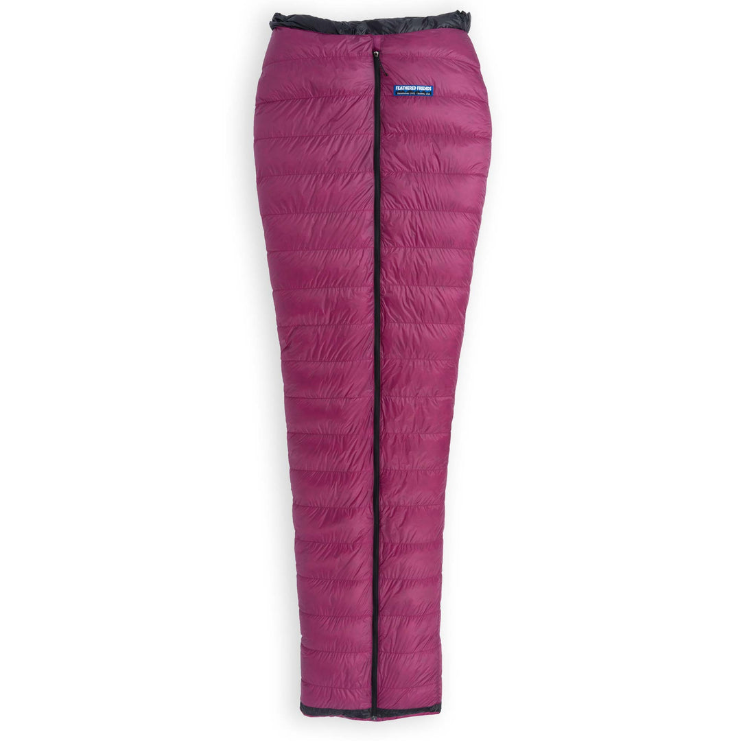 Fully zipped Feathered Friends Flicker UL Ultralight Down Quilt Sleeping Bag in Magenta purple on a white background