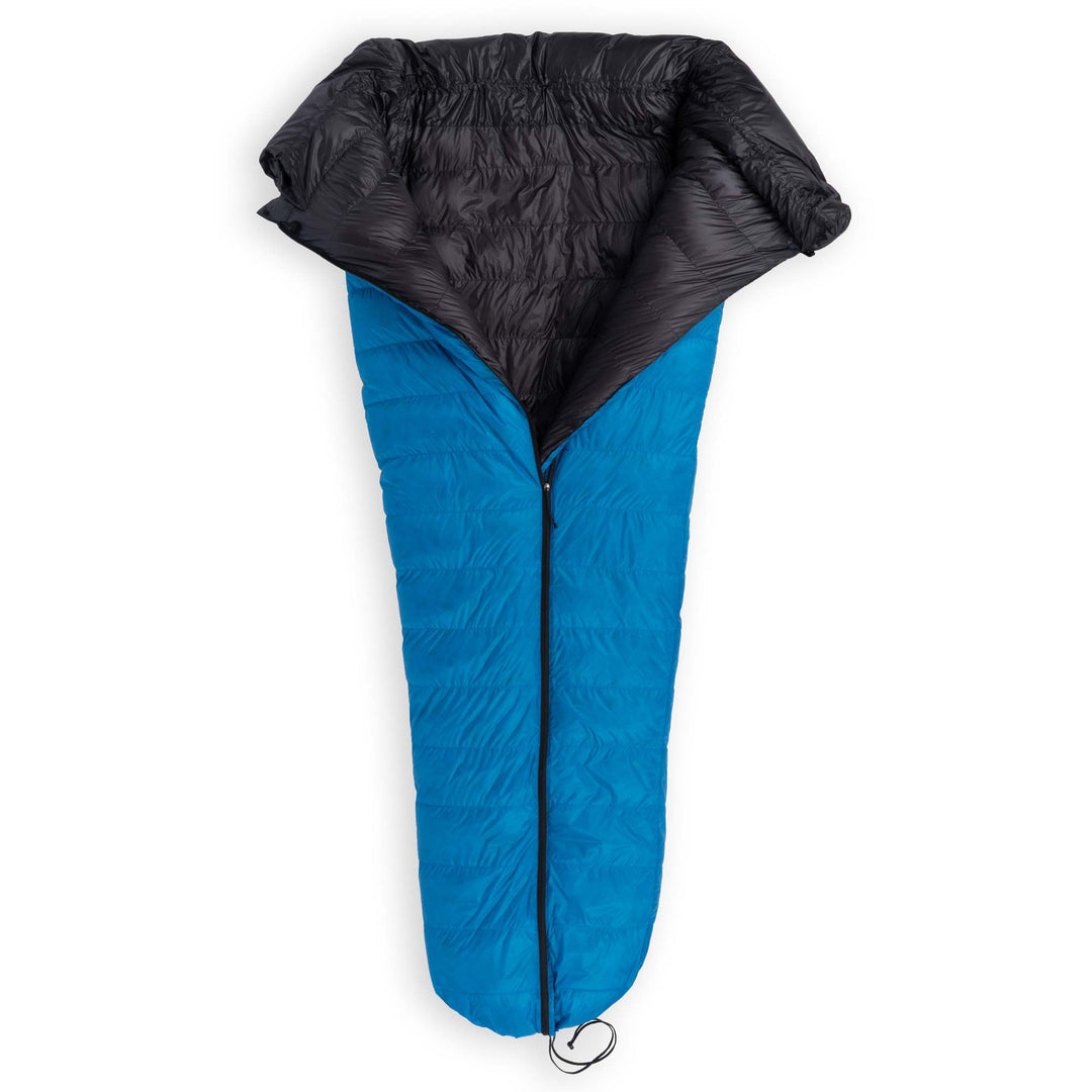Partially unzipped Feathered Friends Flicker UL Wide ultralight down quilt sleeping bag in Cerulean Blue with cinched footbox