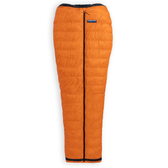 Fully zipped Feathered Friends Flicker UL Wide ultralight down quilt sleeping bag in Flame Orange