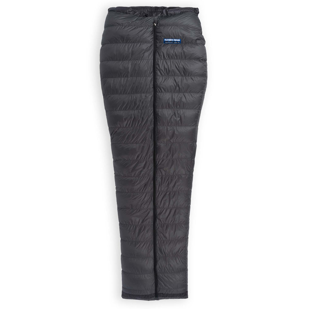 Fully zipped up Feathered Friends Flicker UL Wide ultralight down quilt sleeping bag in Graphite dark gray
