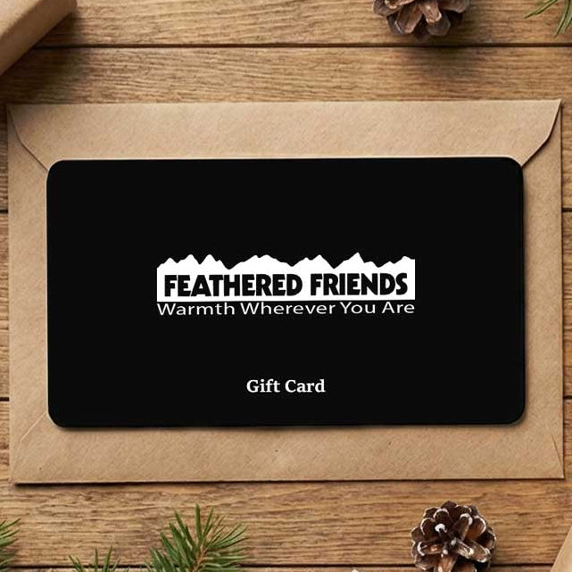 Black Feathered Friends Gift Card with kraft paper presents and pine branches