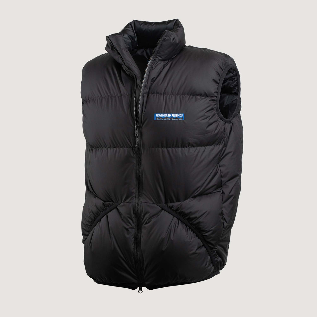 Feathered Friends Helios Down Vest Black on white background