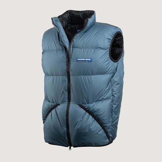Feathered Friends Helios Down Vest Slate blue on white background