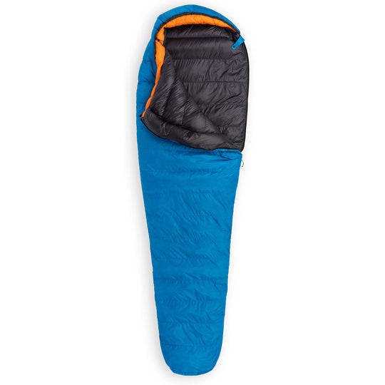Partially unzipped Feathered Friends Hummingbird UL Ultralight 20 30 degree narrow mummy down sleeping bag in Cerulean blue with Flame orange hood trim on a white background
