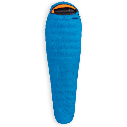 Fully zipped Feathered Friends Hummingbird UL Ultralight 20 30 degree narrow mummy down sleeping bag in Cerulean blue with Flame orange hood trim on a white background