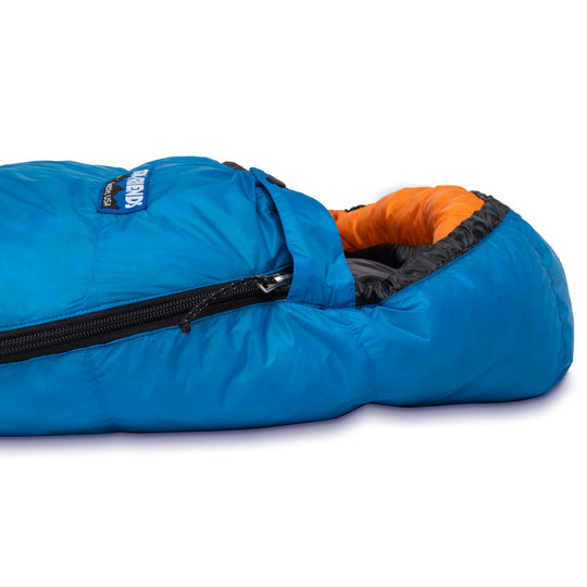 Side view of the hood and side zipper of Feathered Friends Hummingbird UL ultralight down sleeping bag in Cerulean blue with Flame orange hood trim on a white background