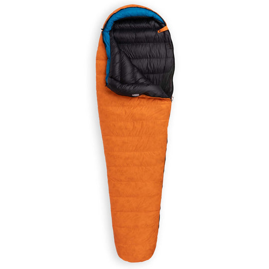 Partially unzipped Feathered Friends Hummingbird UL Ultralight narrow mummy down sleeping bag in Flame orange with Cerulean blue hood trim