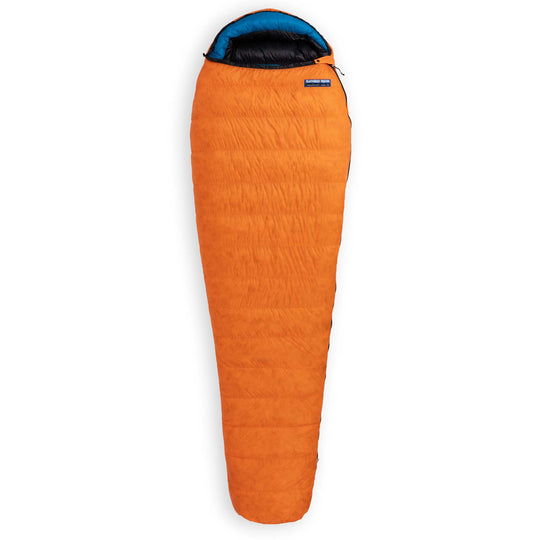 Fully zipped Feathered Friends Hummingbird UL Ultralight narrow mummy down sleeping bag in Flame orange with Cerulean blue hood trim