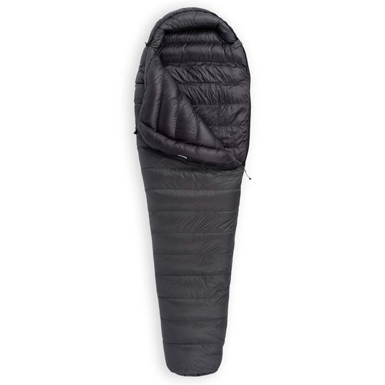Partially unzipped Feathered Friends Hummingbird UL Ultralight narrow mummy down sleeping bag in dark Graphite gray