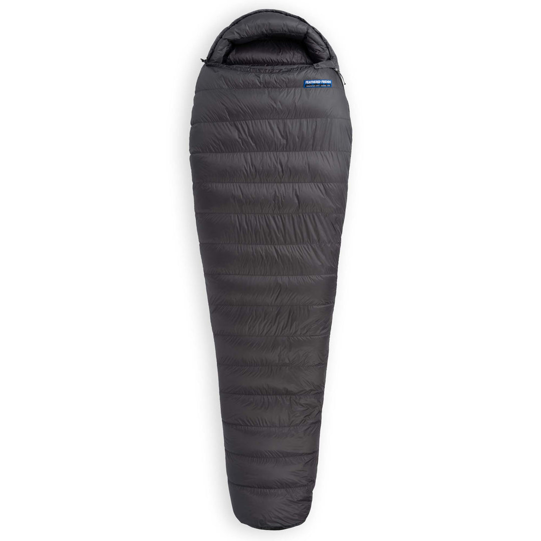 Fully zipped Feathered Friends Hummingbird UL Ultralight narrow mummy down sleeping bag in dark Graphite gray