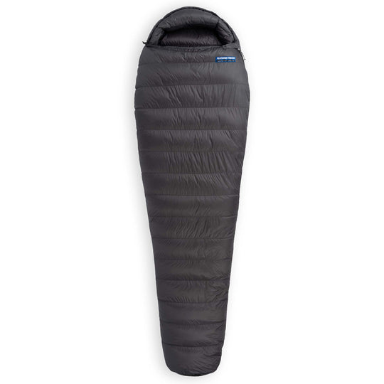 Fully zipped Feathered Friends Hummingbird UL Ultralight narrow mummy down sleeping bag in dark Graphite gray