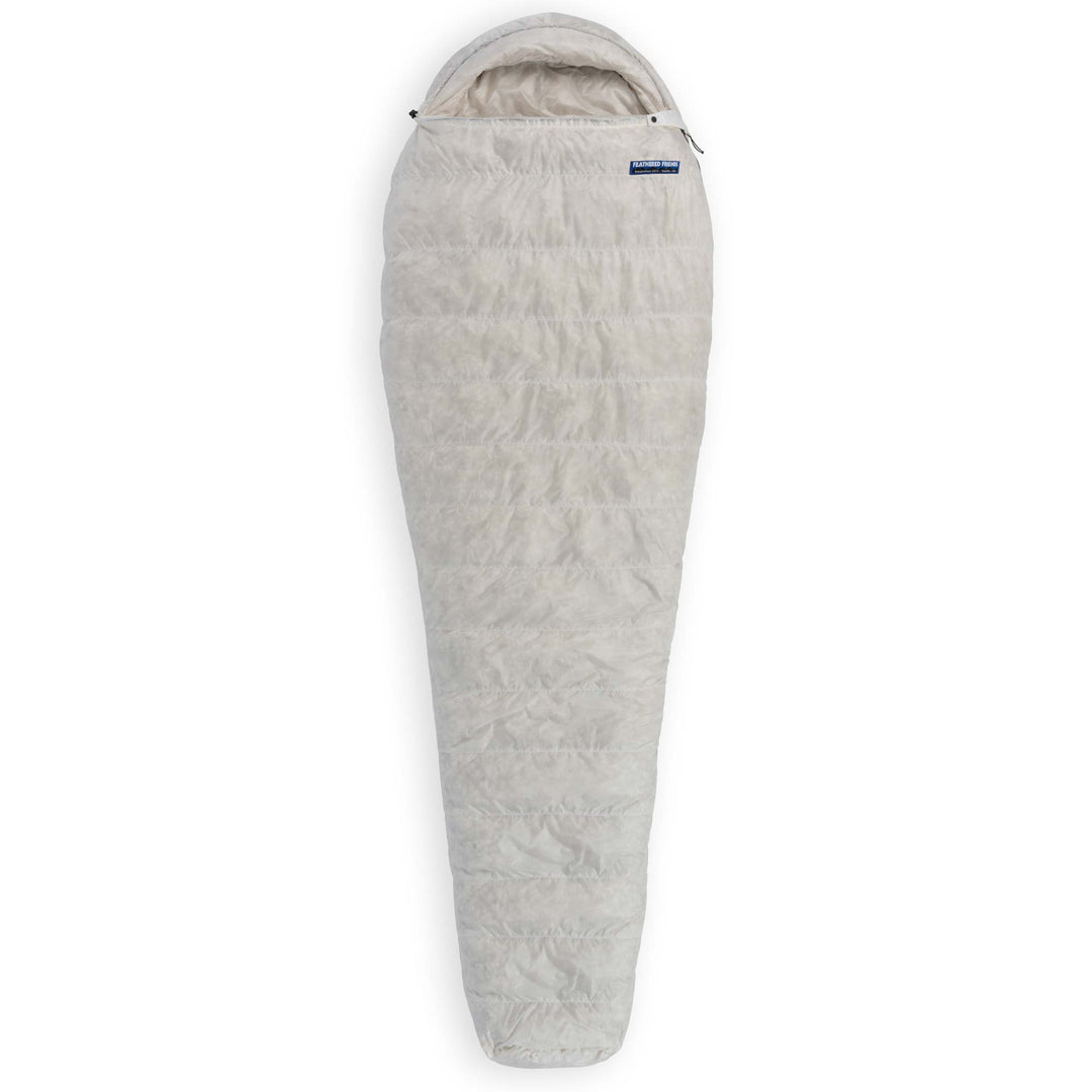 Fully zipped Feathered Friends Hummingbird UL Ultralight 20 30 Degree narrow mummy down sleeping bag in Undyed Pertex Quantum Pro