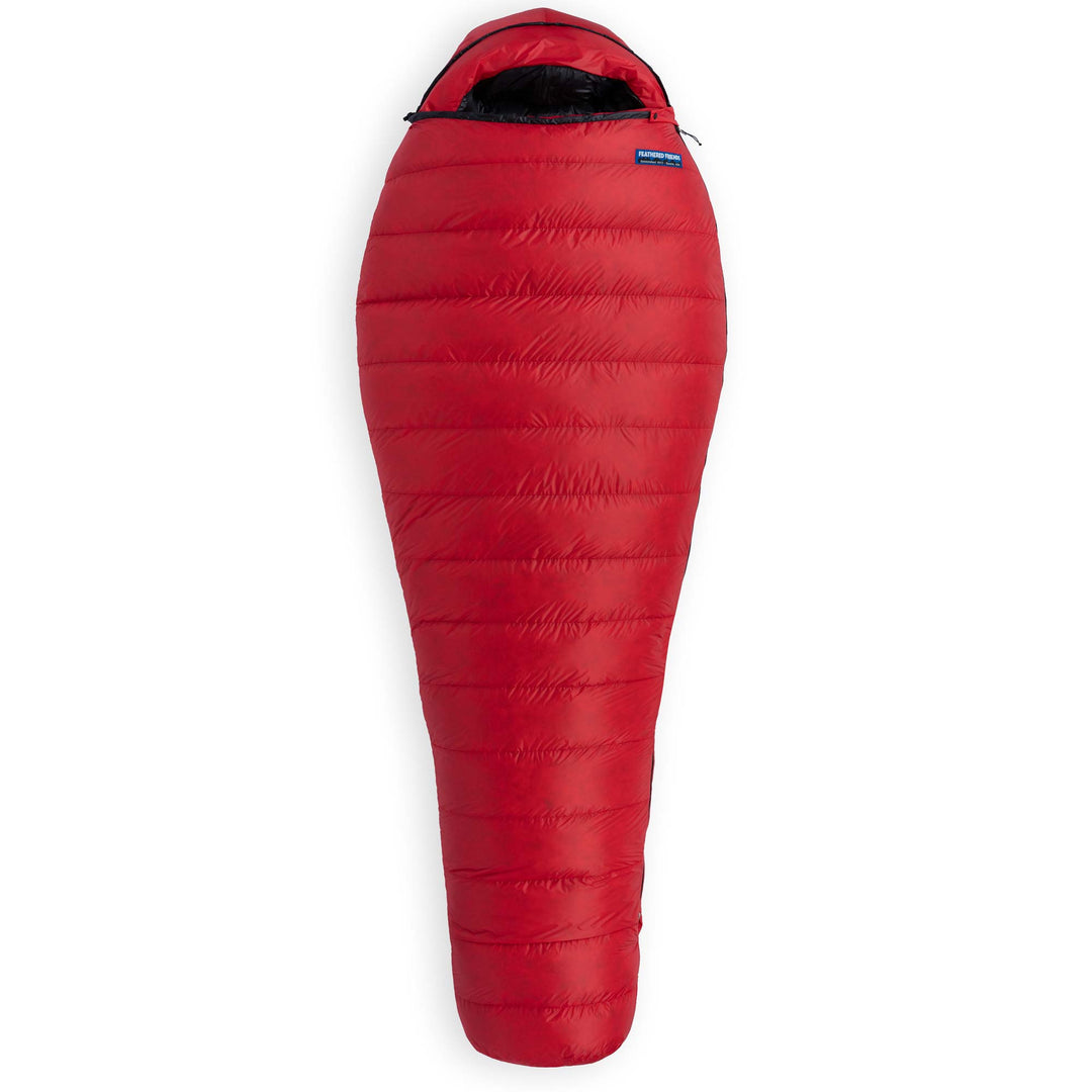 A Phoenix-Red Feathered Friends Ibis Winter Light 0 Degree Wide Mummy Sleeping bag fully zipped on white background