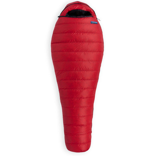 A Phoenix-Red Feathered Friends Ibis Winter Light 0 Degree Wide Mummy Sleeping bag fully zipped on white background